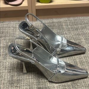 Larroude Metallic Silver Slingback Heels
